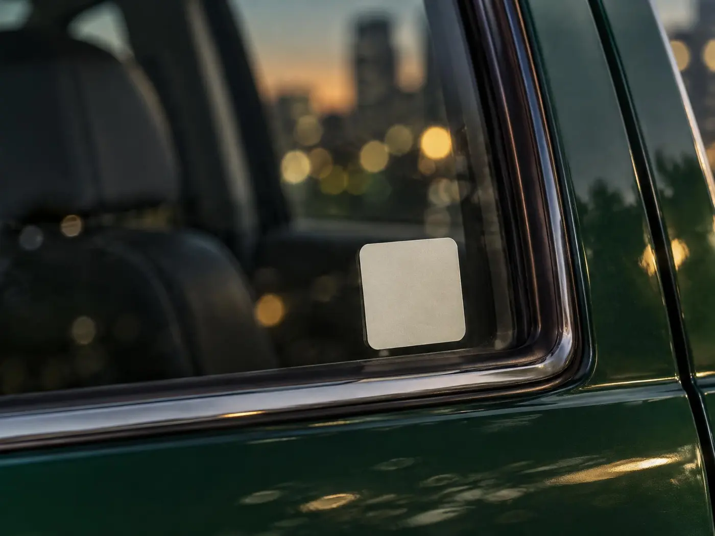 Sticker QR TONOBY ivoire collé dans l'angle de la vitre latérale d'une voiture verte au crépuscule