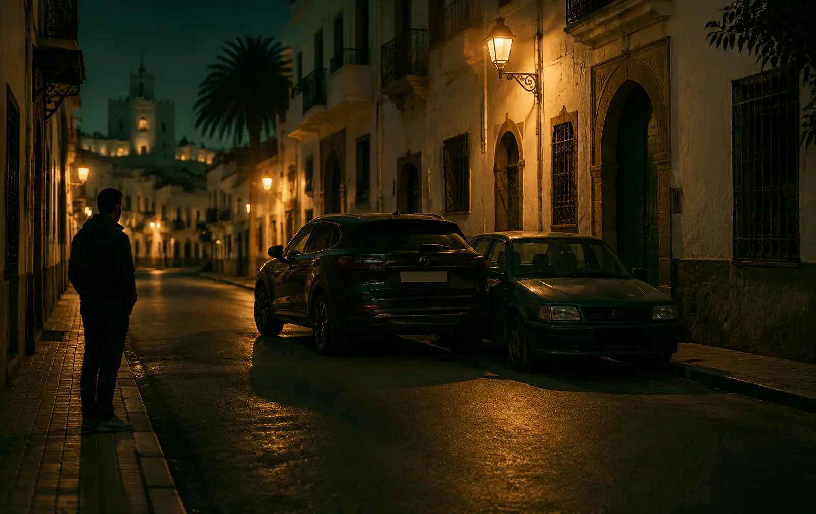 Rue marocaine de nuit où une voiture en bloque une autre ; un passant attend sans pouvoir joindre le propriétaire